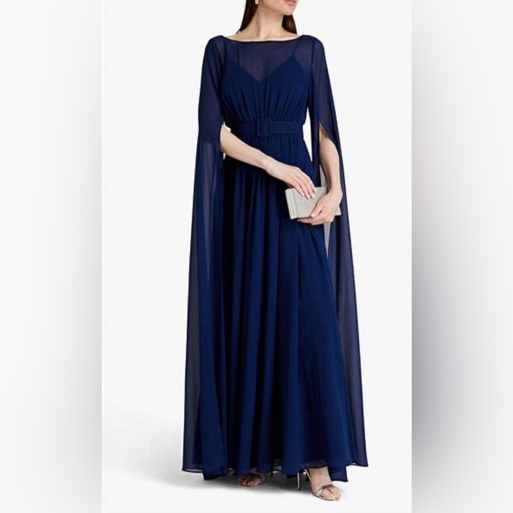 Badgley Mischka Belted draped georgette gown